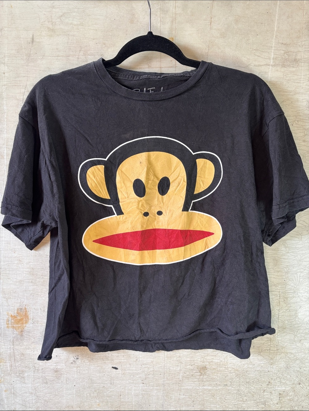 Paul Frank Black Tee with Yellow Monkey Graphic and Red Mouth